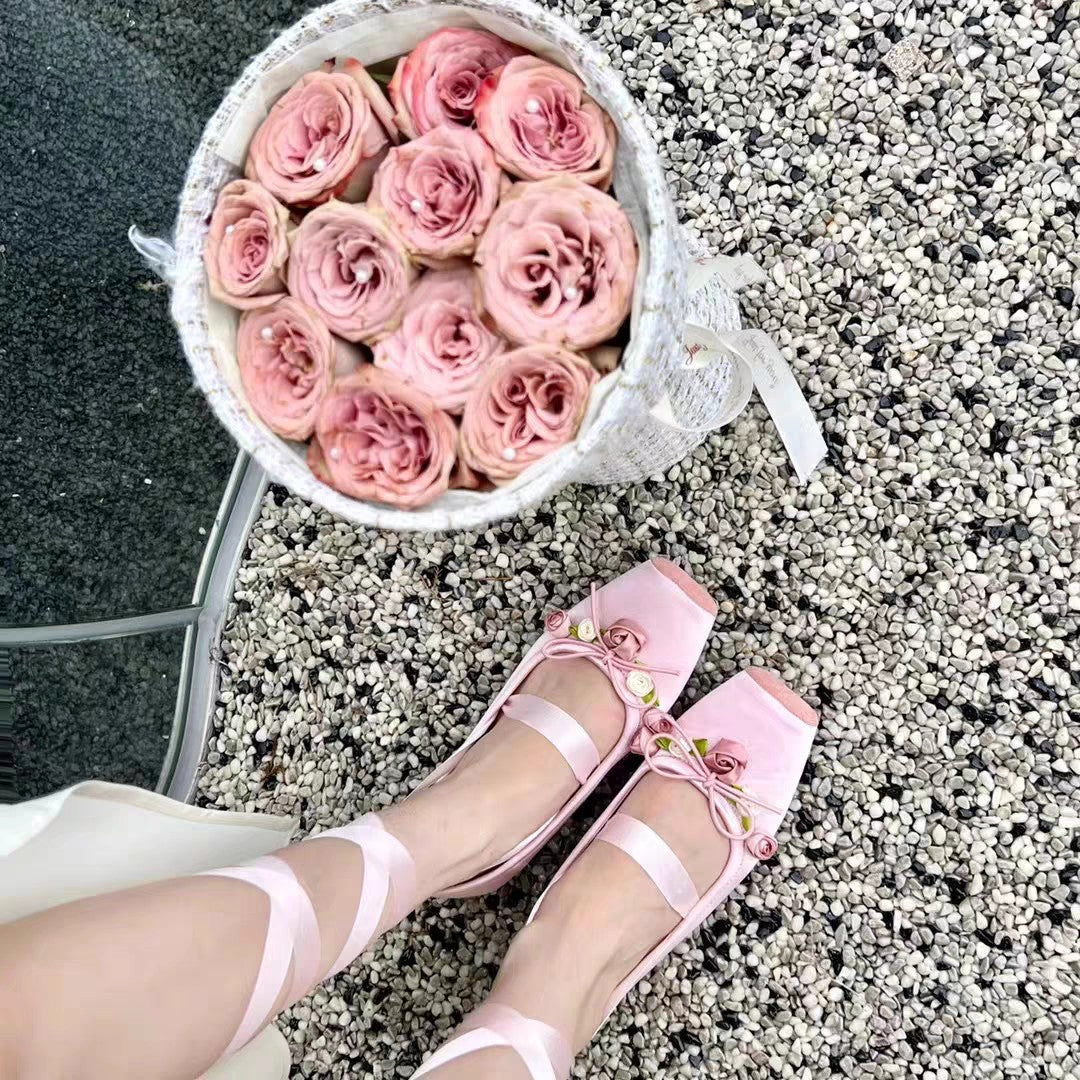 Ballet shoes single beanie shoes women's spring new flat temperament socialite wear square head Mary Jane shoes bridesmaid