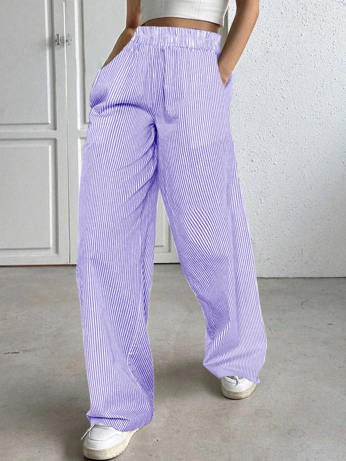 European and American striped wide-leg casual street straight high-waisted women's trousers pant