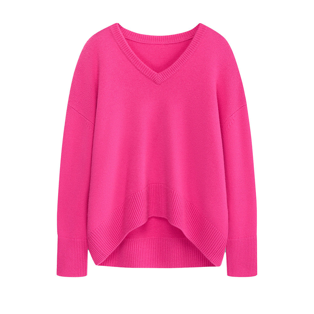 V-neck sweater women's autumn and winter European and American solid color versatile pullover sweater loose knitted sweater