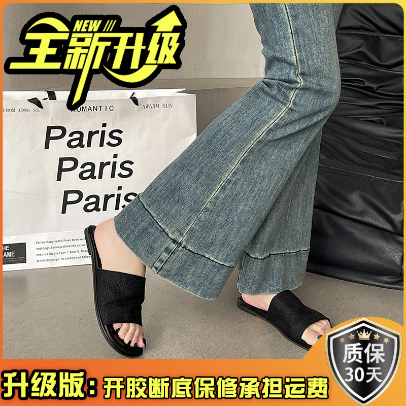 Retro Mori sandals one-word slippers women's summer new wear soft-soled beach vacation wind flat sandals