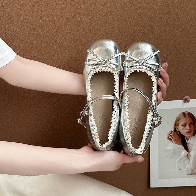 French lace bow women Mary Jane shoes summer fashion new silver single beanie shoes inner height increase evening leather shoes