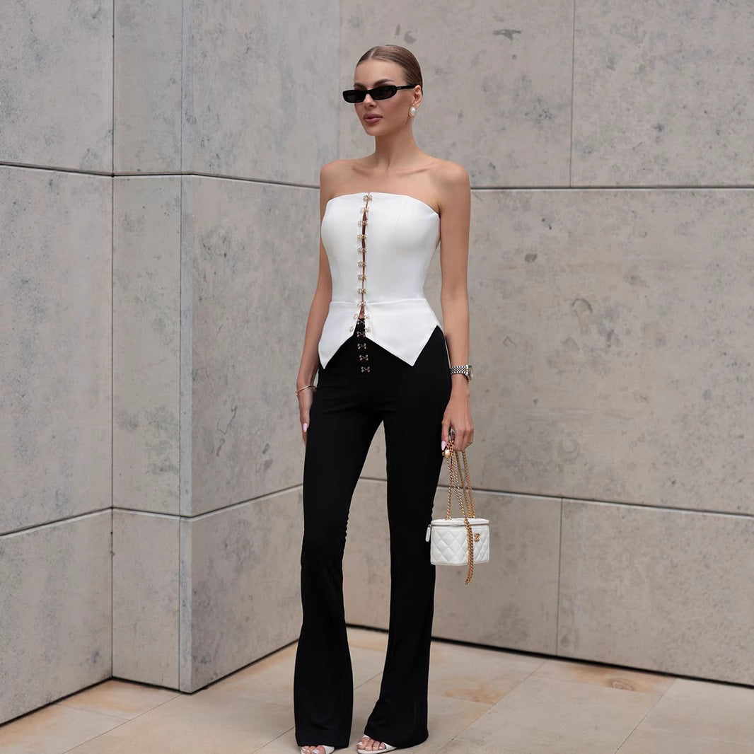 White tube top, European and American summer new metal buckle sleeveless top, sexy slim tube top woman t-shirts