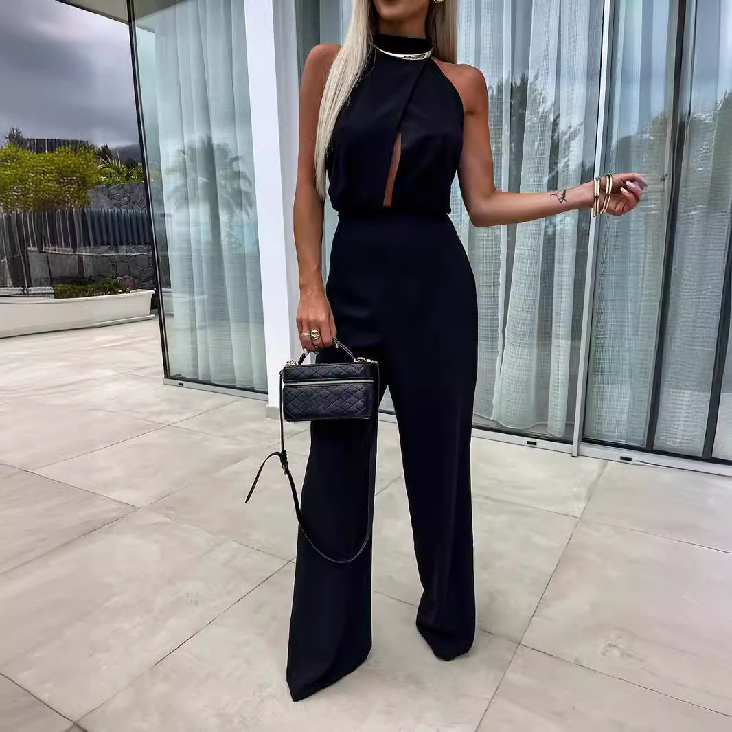 cross-border summer European and American women's clothing ins new fashionable semi-turtleneck sleeveless slim jumpsuit suits