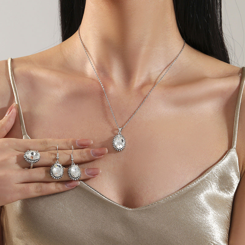 Dragon and explosive oval imitation zircon set super flash ring earrings necklace jewelry set wholesale