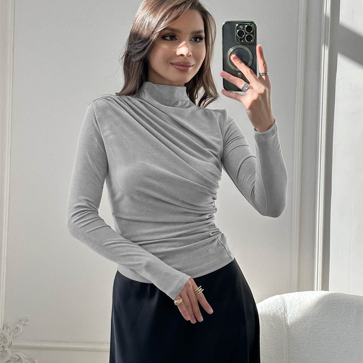 European and American women's long-sleeved top, sexy new T-shirt stand-up collar slim-fitting bottoming shirt top