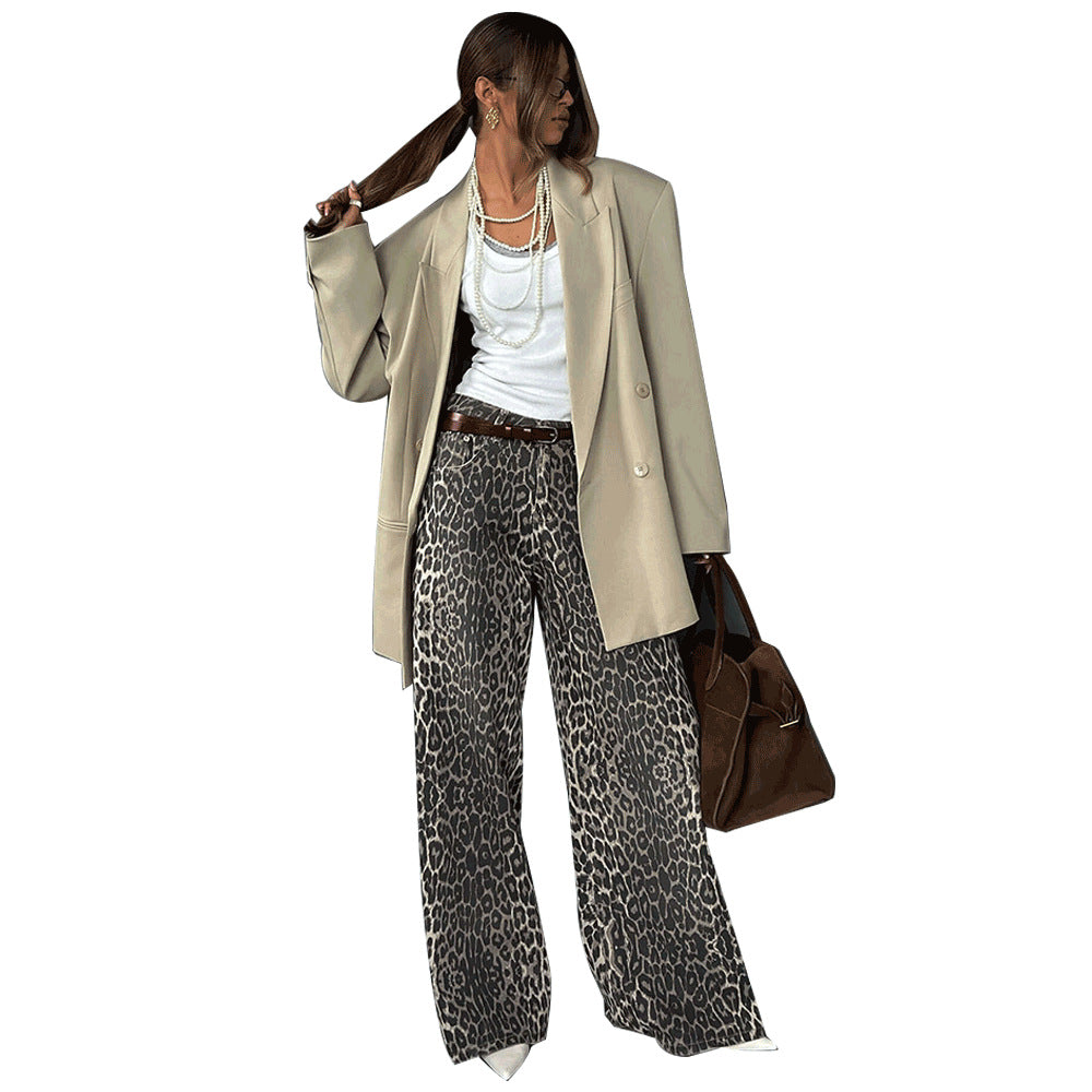 Cross-border leopard print wide-leg pants, European and American spring and summer new Y2K loose casual mopping leopard print wide-leg pants