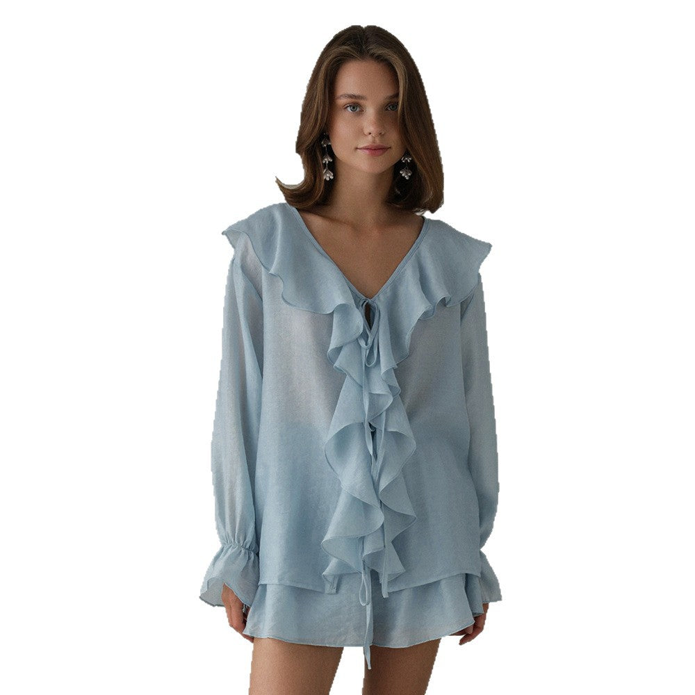 French V-neck ruffle edge shirt shorts set European and American summer lace-up shirt shorts set women suits