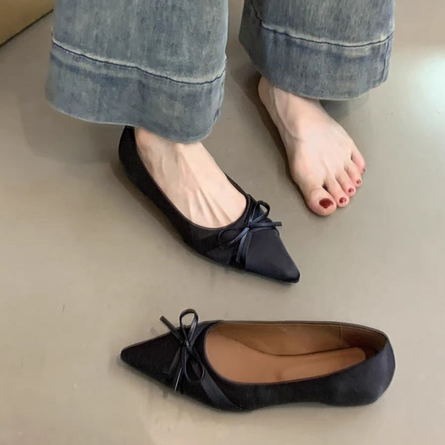 European and American style casual bow flats autumn new products pointed inner height increase shallow mouth single beanie shoes bag head single shoes