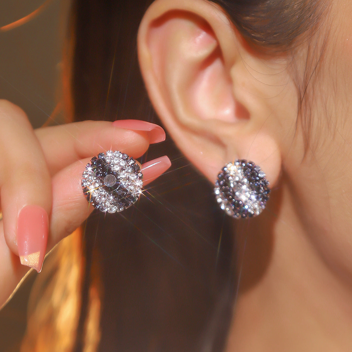DINGKA explosive rhinestone geometric round women's earrings, a pair of versatile exquisite circles