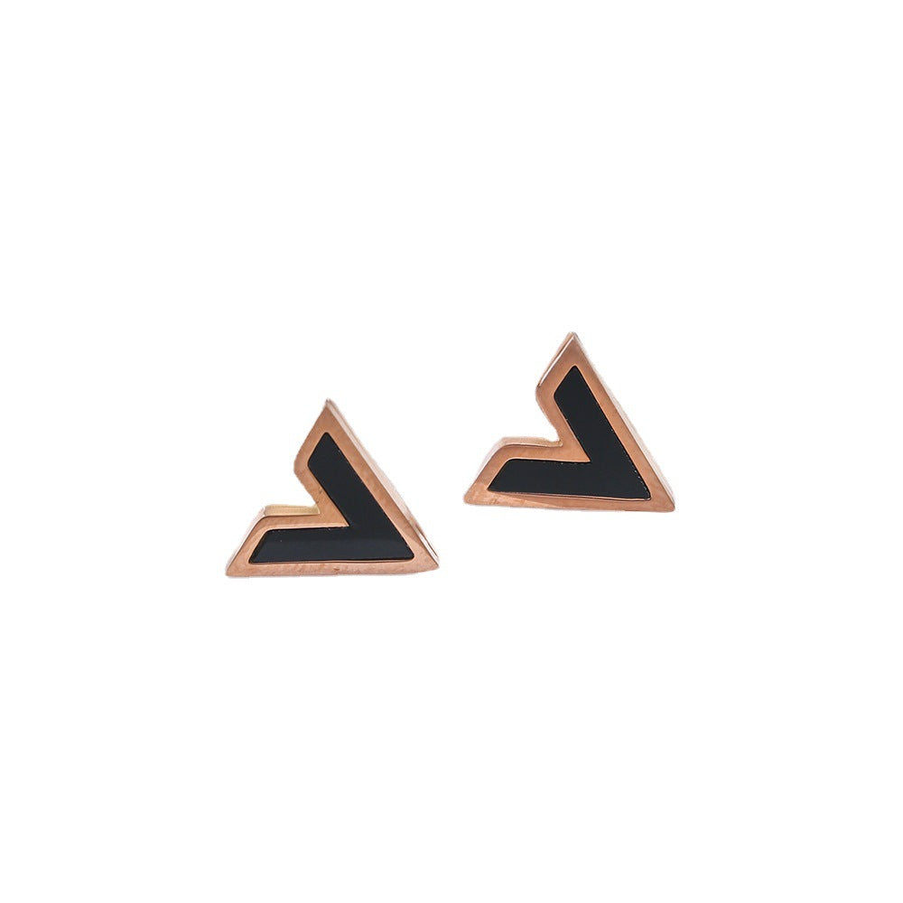 Korean version of temperament black V-shaped titanium steel stud earrings women's simple letters rose gold earrings small ear jewelry does not fade