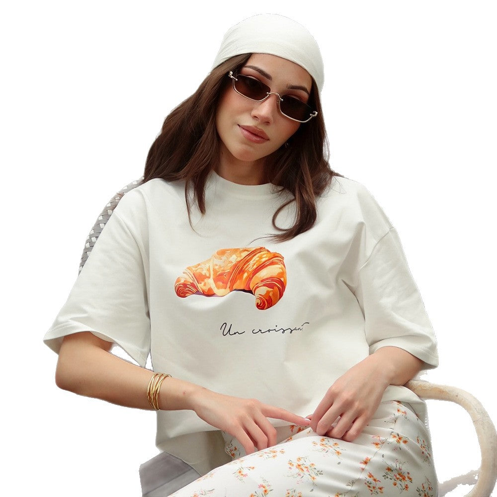 Cross-border cotton short-sleeved T-shirt women's European and American summer croissant printed top loose short-sleeved t-shirt women's