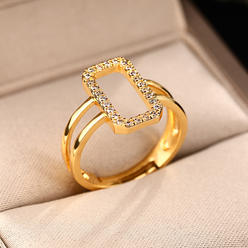 New ins wind zircon hollow opening rings 18k copper gold-plated geometric square ring women's personality jewelry spot
