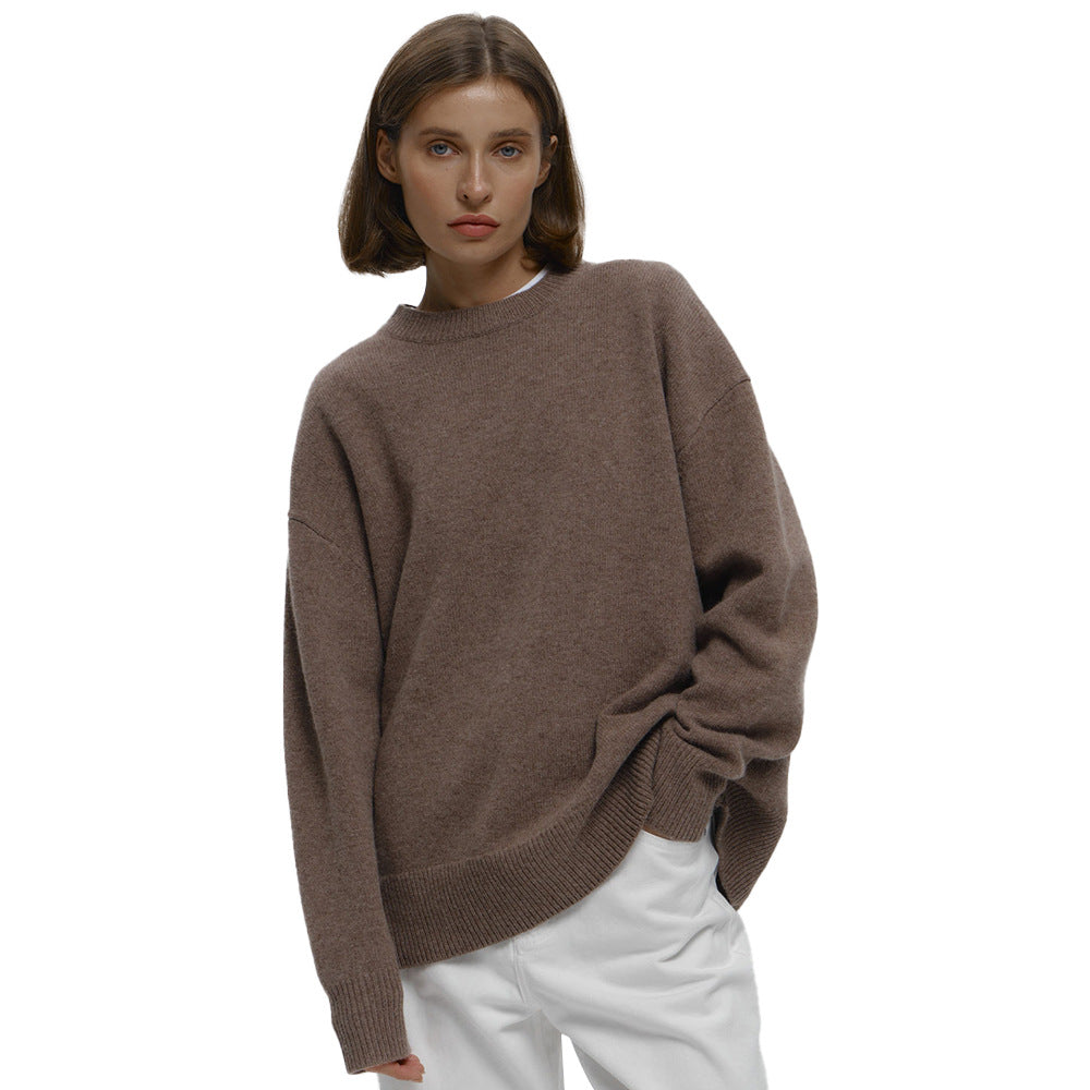Crew neck dark sweater European, American autumn and winter new loose warm simple pullover solid color knitted sweater