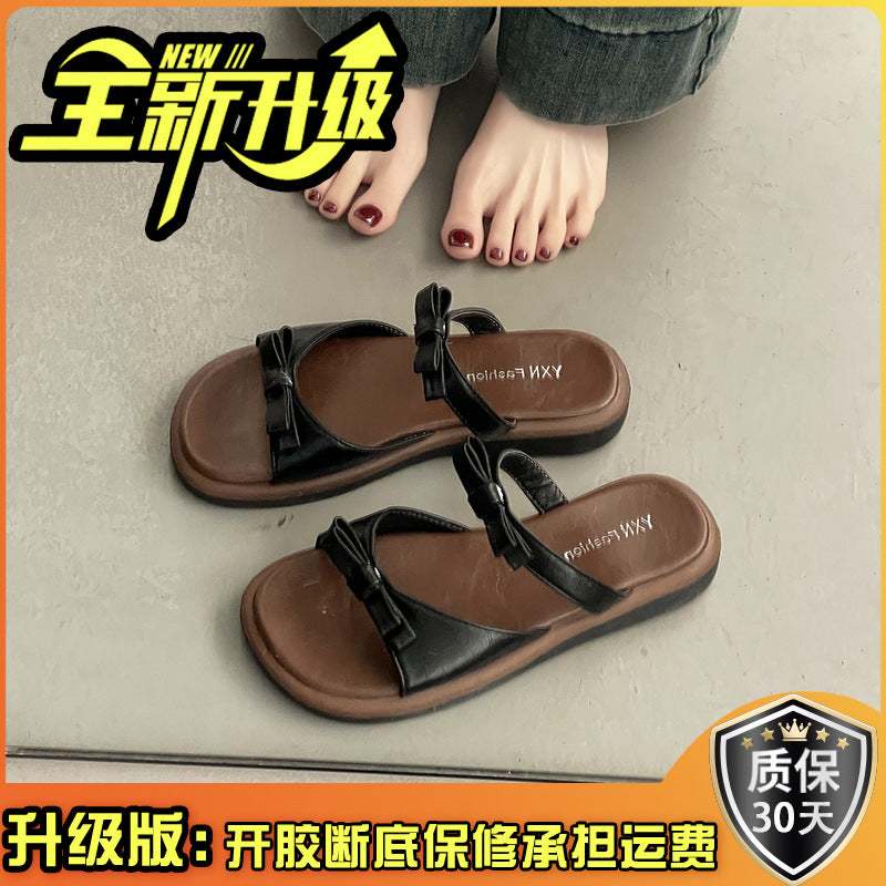 Bow flat-bottomed slippers for women's summer outer wear new fashionable versatile open-toe double with cool slippers wholesale