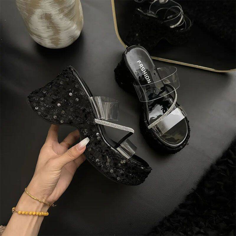 Thick-bottomed wedge slippers women's new summer outer wear fashion sequins transparent one-word set toe high-heeled sandals women