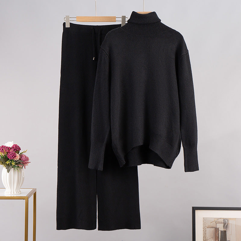 Cross-border solid color turtleneck sweater + wide-leg pants knitted two-piece set, European and American winter versatile loose sweater set suits