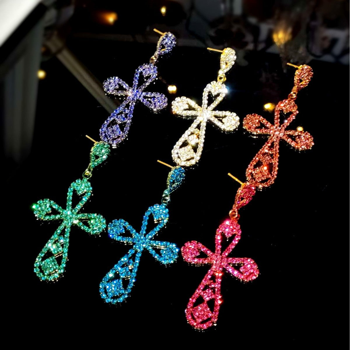 DINGKA high-end luxury flash diamond hollow cross long earrings women's temperament versatile earrings copper ear jewelry