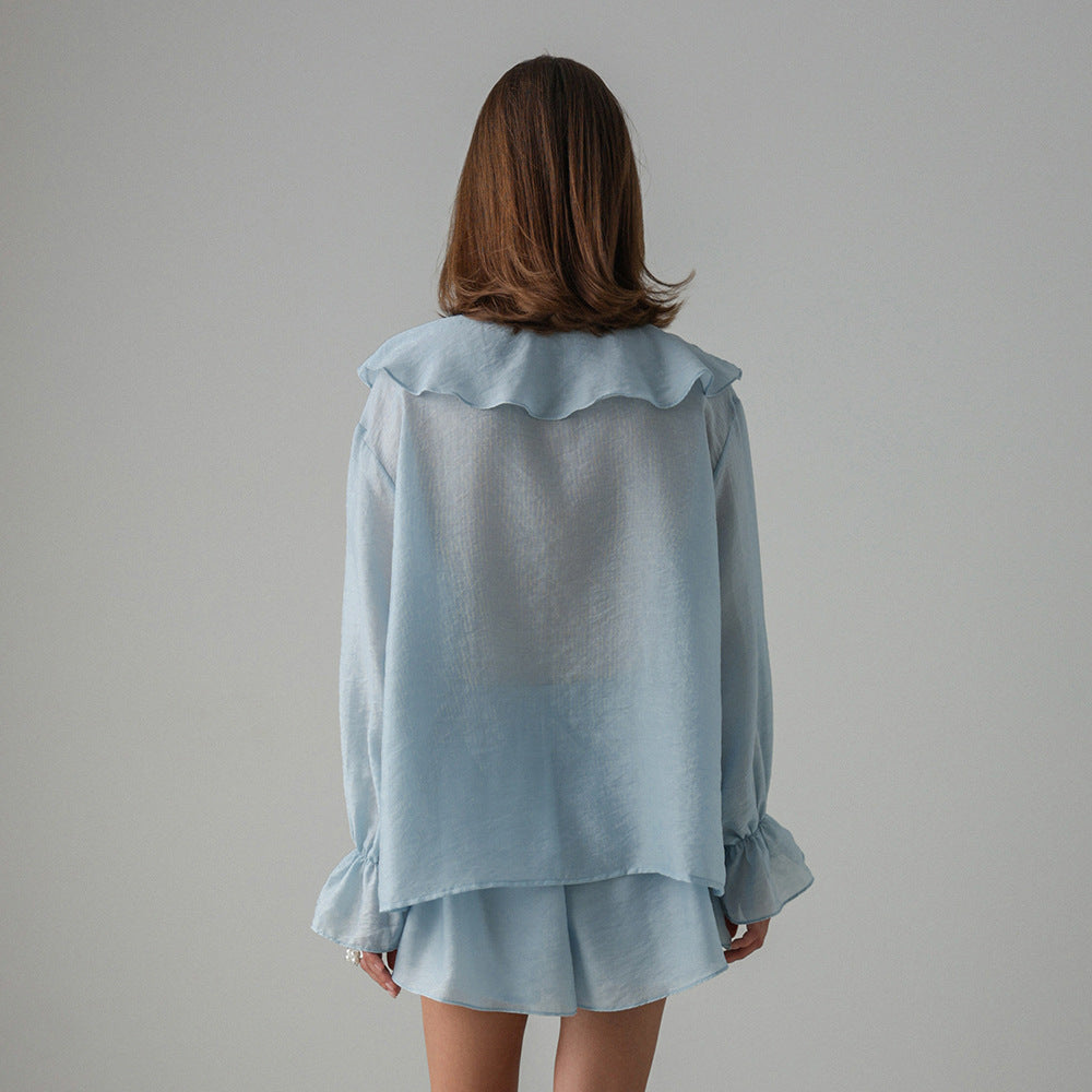 French V-neck ruffle edge shirt shorts set European and American summer lace-up shirt shorts set women suits