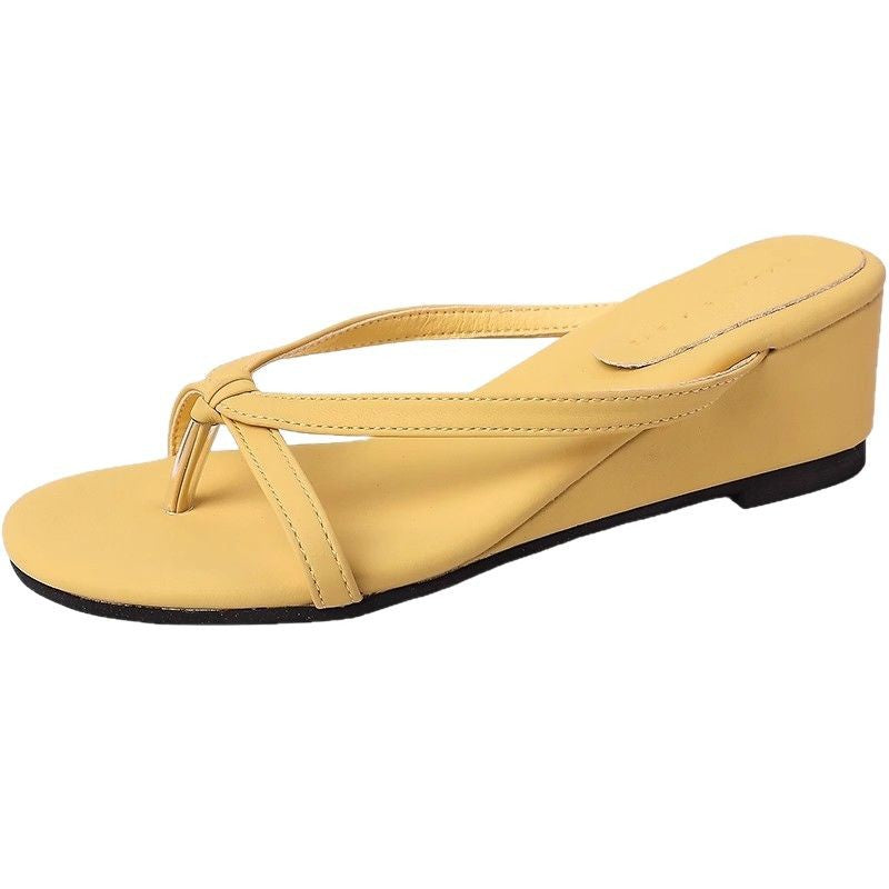 Thick-bottomed small flip-flops summer French gentle temperament fairy suede toe slope heel cool slippers