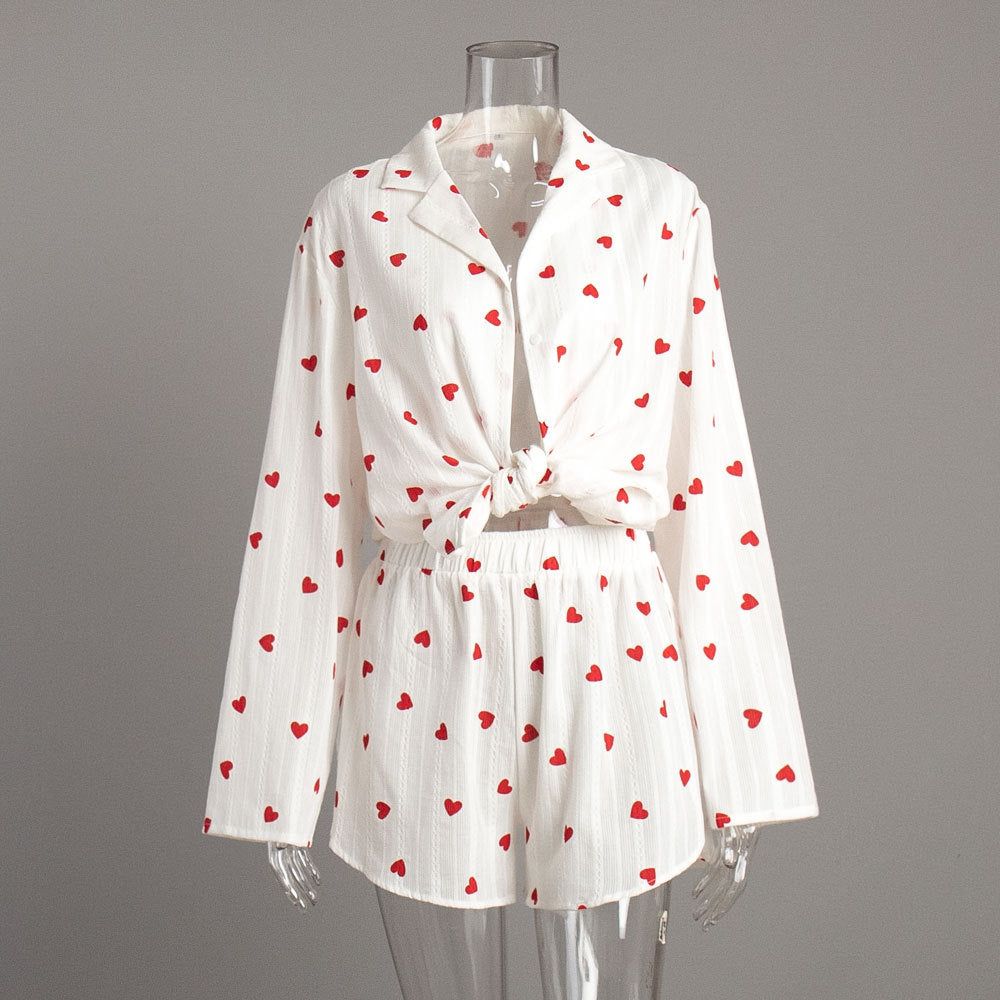 Pajama set New casual fashion set Love printing long-sleeved shorts Loungewear two-piece set suits