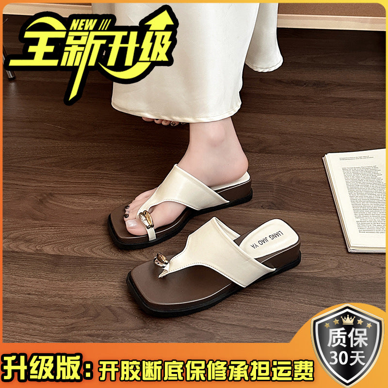 French women's slope heel flip-flops summer wear new fashion vacation cold slippers beach