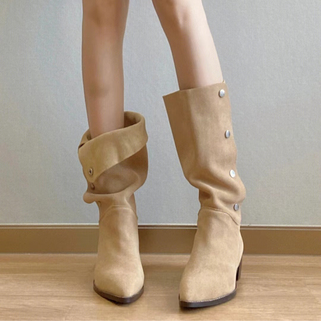 Retro temperament matte pile boots women's new one shoe two wear thick heel pleated boots pointed button medium boots