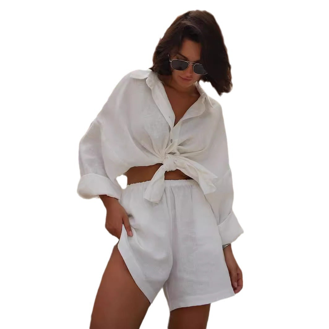 Shirt set European and American summer new women's vacation casual loose long-sleeved shirt + shorts set suits