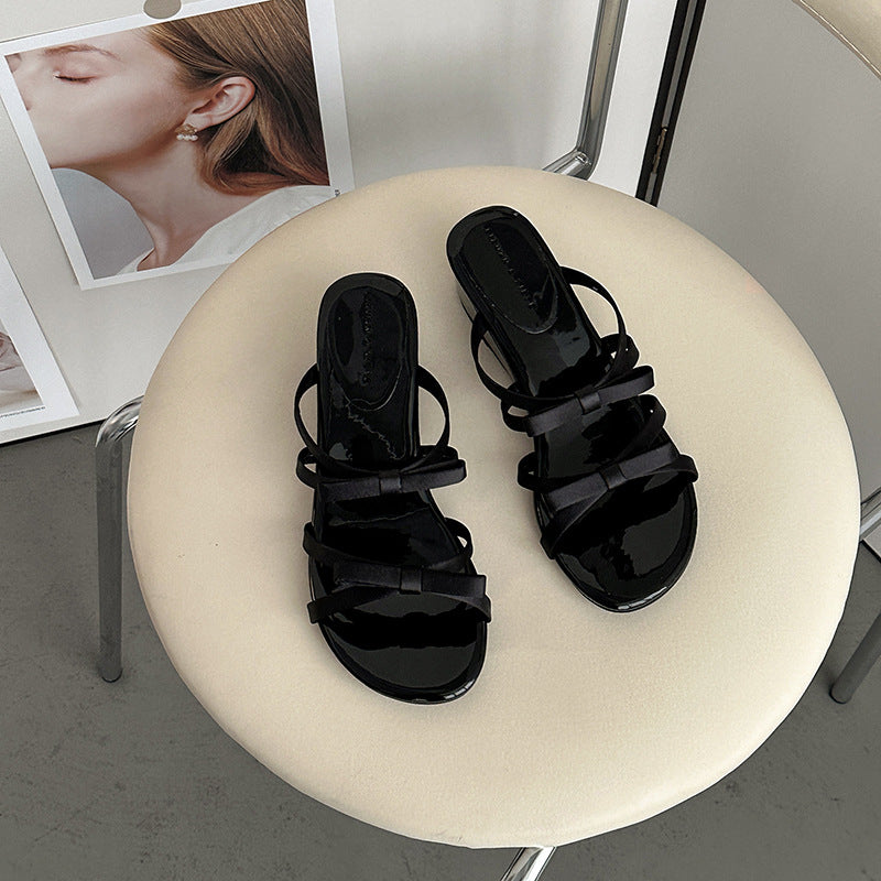 Fashion tribe fairy style bow thick bottom heightening slippers women's outer wear new summer open-toed sandals