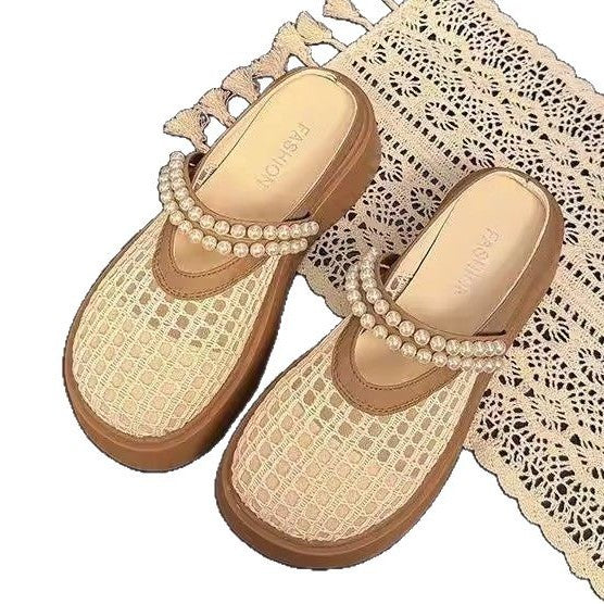 Mesh slippers summer retro woven outer wear pearl breathable hollow Ou Ruofeng Mary Jane girls bag head slippers