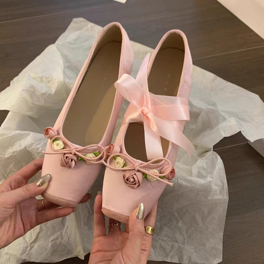 Ballet shoes single beanie shoes women's spring new flat temperament socialite wear square head Mary Jane shoes bridesmaid
