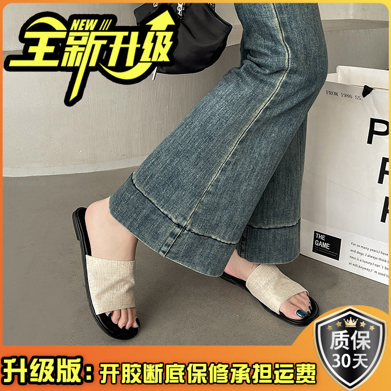 Retro Mori sandals one-word slippers women's summer new wear soft-soled beach vacation wind flat sandals