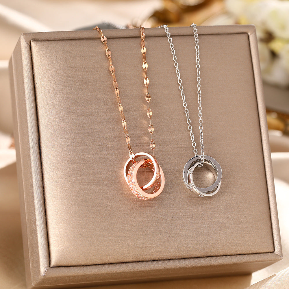 Japan and South Korea cross-border titanium steel necklace femininity versatile ring interlocking double ring micro-inlaid diamond short collarbone chain jewelry