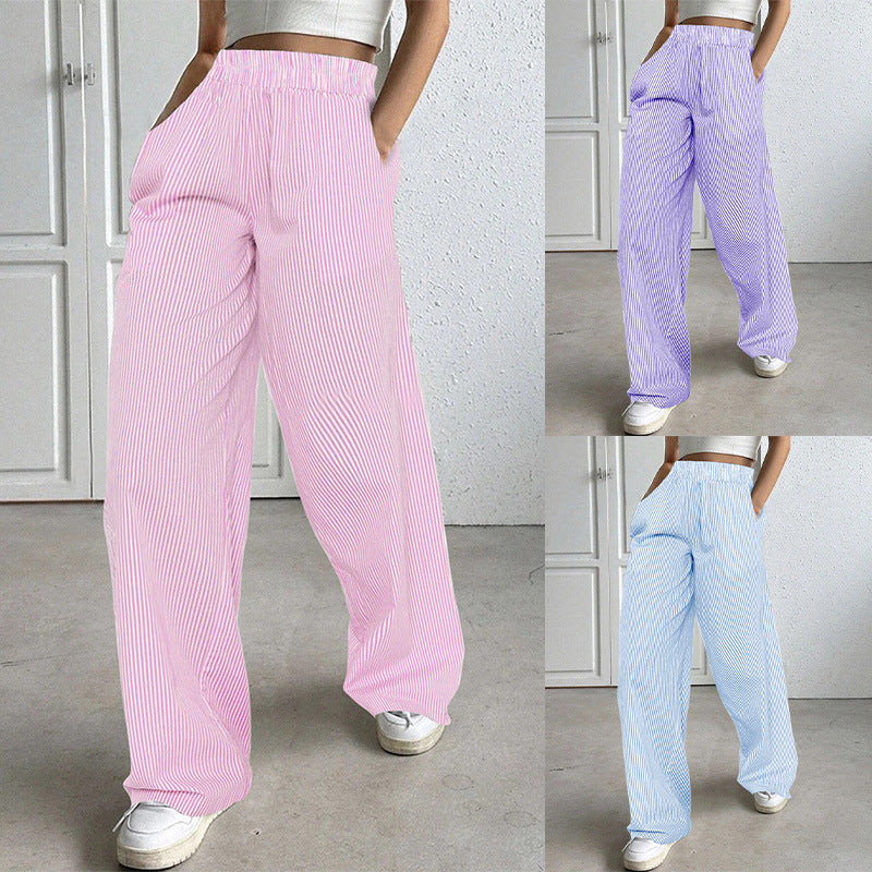 European and American striped wide-leg casual street straight high-waisted women's trousers pant