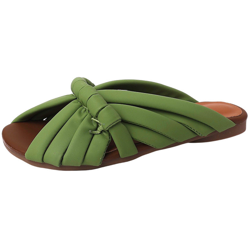 summer new niche design flat bottom outside wearing cool slippers women's hand-woven fish mouth casual one-word drag
