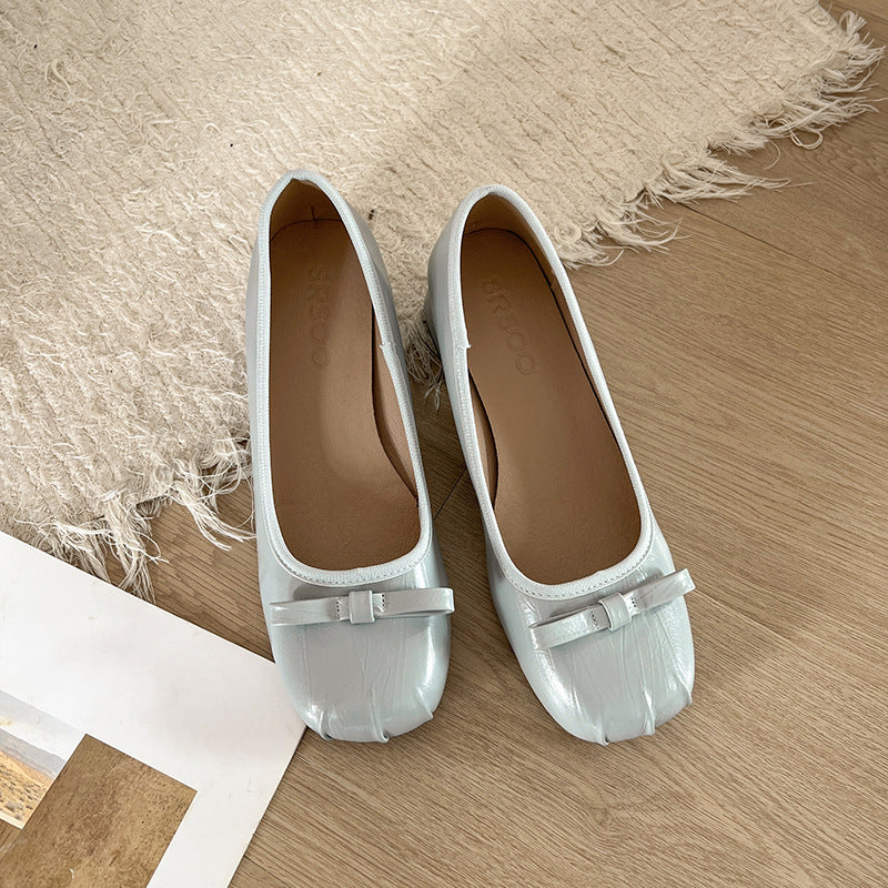 French retro light mouth high heel single shoes women's new summer bow flat grandma shoes soft leather beanie shoes
