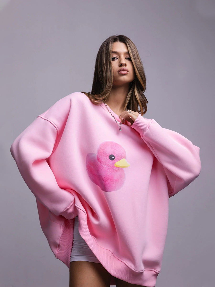 Cross-border duck crew neck sweater women's European and American autumn new women's simple casual loose crew neck printed sweater