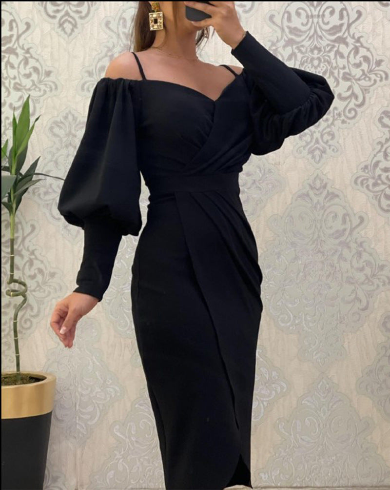 European and American cross-border new suspender one-word neck lantern long-sleeved waist pleated dress