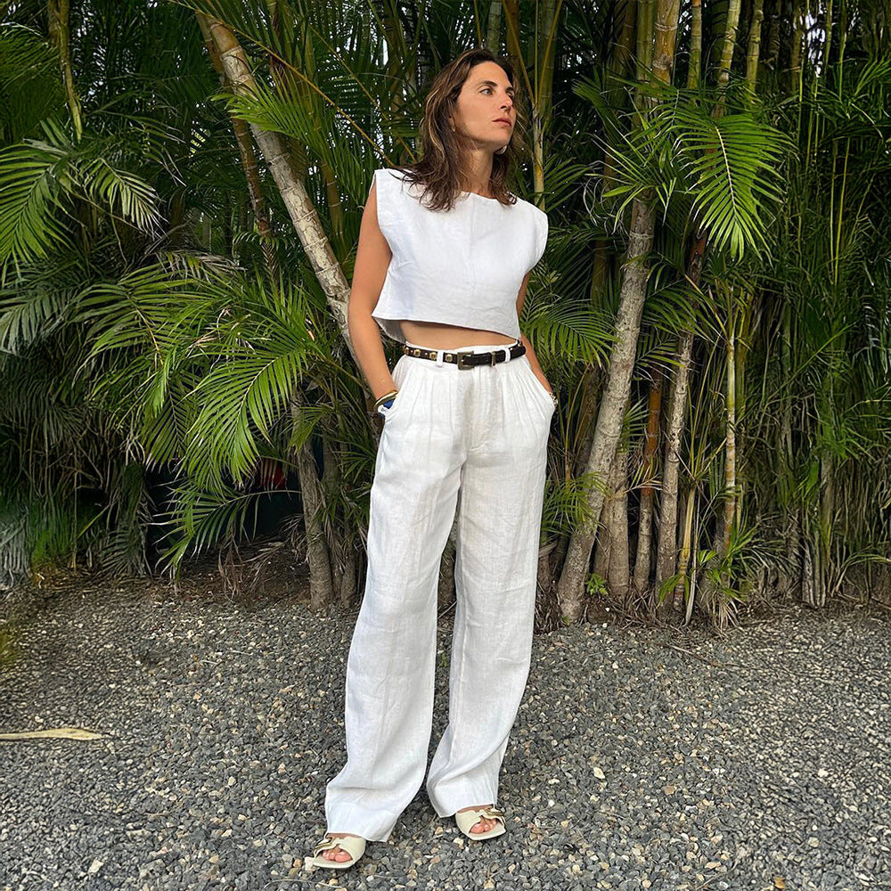 Linen vest trousers set European and American summer new sleeveless vest wide leg trousers casual suits
