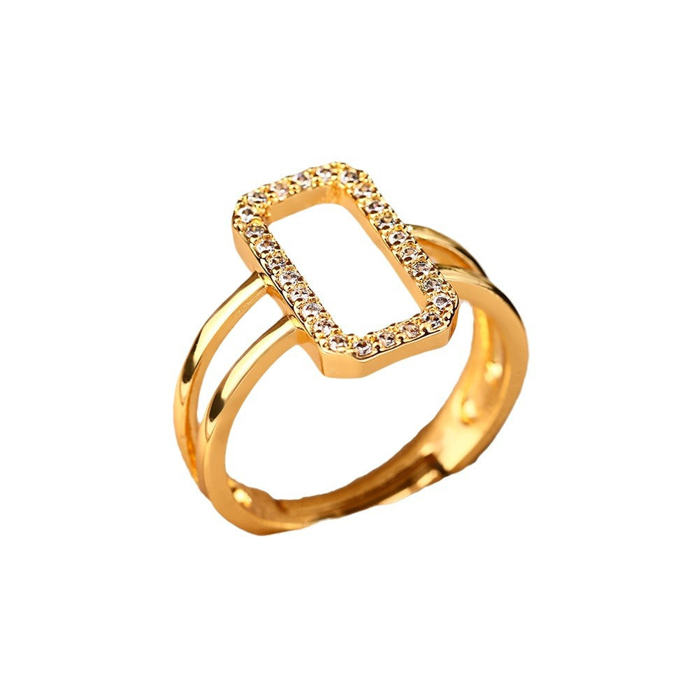 New ins wind zircon hollow opening rings 18k copper gold-plated geometric square ring women's personality jewelry spot