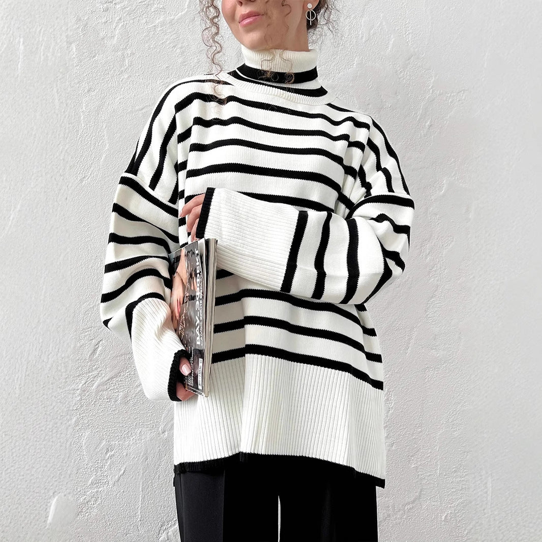 Turtleneck striped sweater women's Europe, America, autumn and winter new turtleneck pullover knitted sweater versatile loose sweater