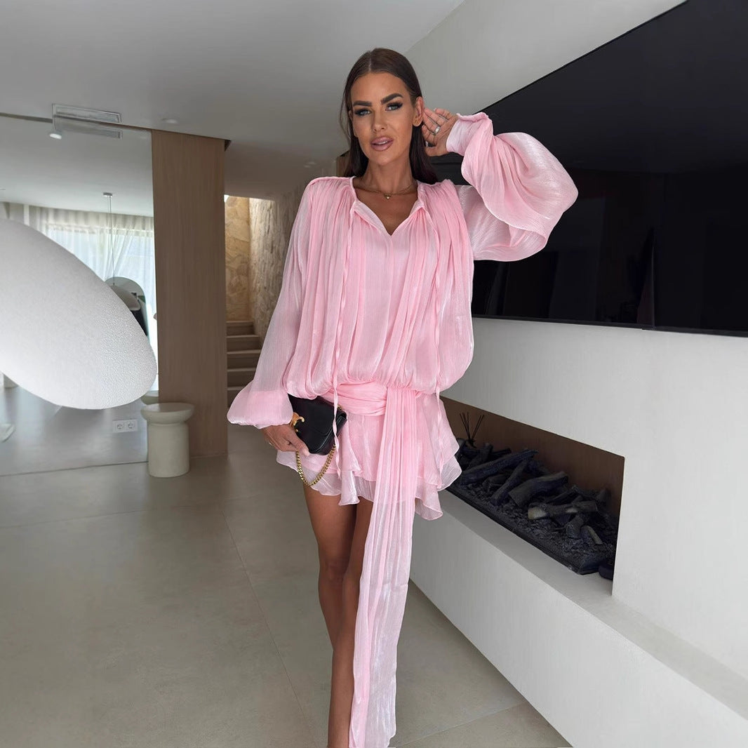 Chiffon long-sleeved dress European and American summer new lantern sleeve lace-up short skirt ruffle leaf edge dress
