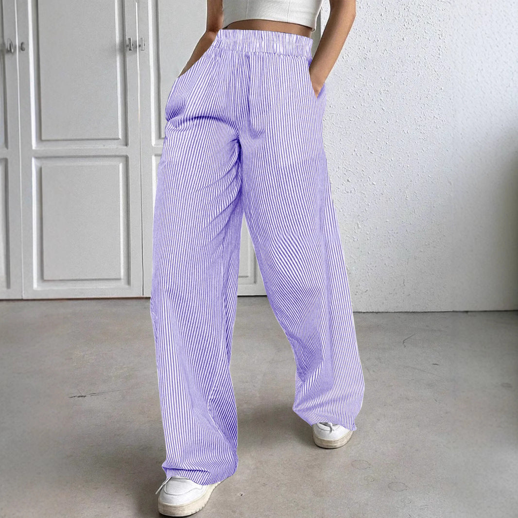 European and American striped wide-leg casual street straight high-waisted women's trousers pant