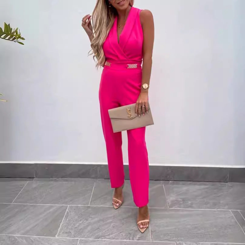 European and American women's clothing independent station new, sleeveless green fruit collar metal decorative backless slim jumpsuit suits