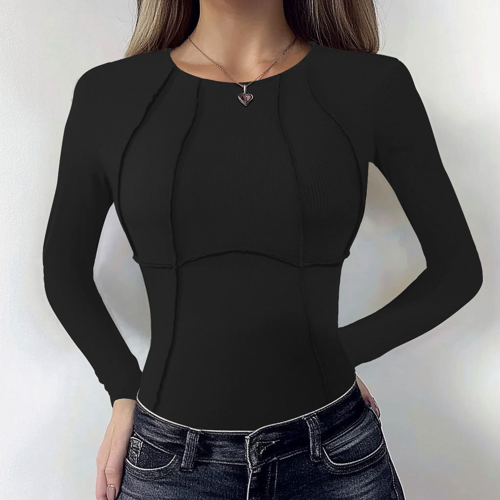 European and American slim-fit reverse car split long-sleeved crew neck T-shirt women's new autumn versatile solid-color slim-fit top