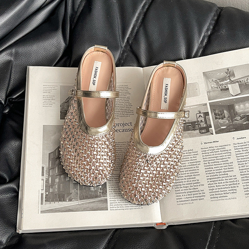fashion new French rhinestone head half slippers women summer new wear Mary Jane shoes cool slippers