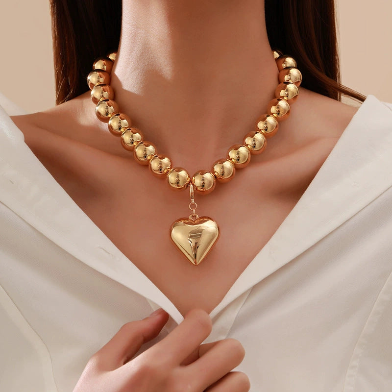 European and American jewelry geometric exaggerated large round beads love pendant punk beaded collar collarbone chain necklace women
