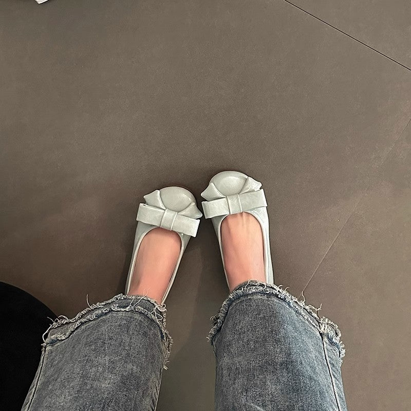 48 hours delivery, new Korean version of gentle temperament, round head, shallow mouth bow, versatile four-season single beanie shoes, flat women's shoes