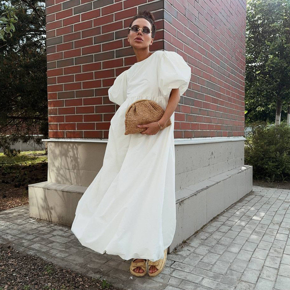 Pure cotton round neck bubble sleeve dress European and American spring and summer new solid color loose casual dress women