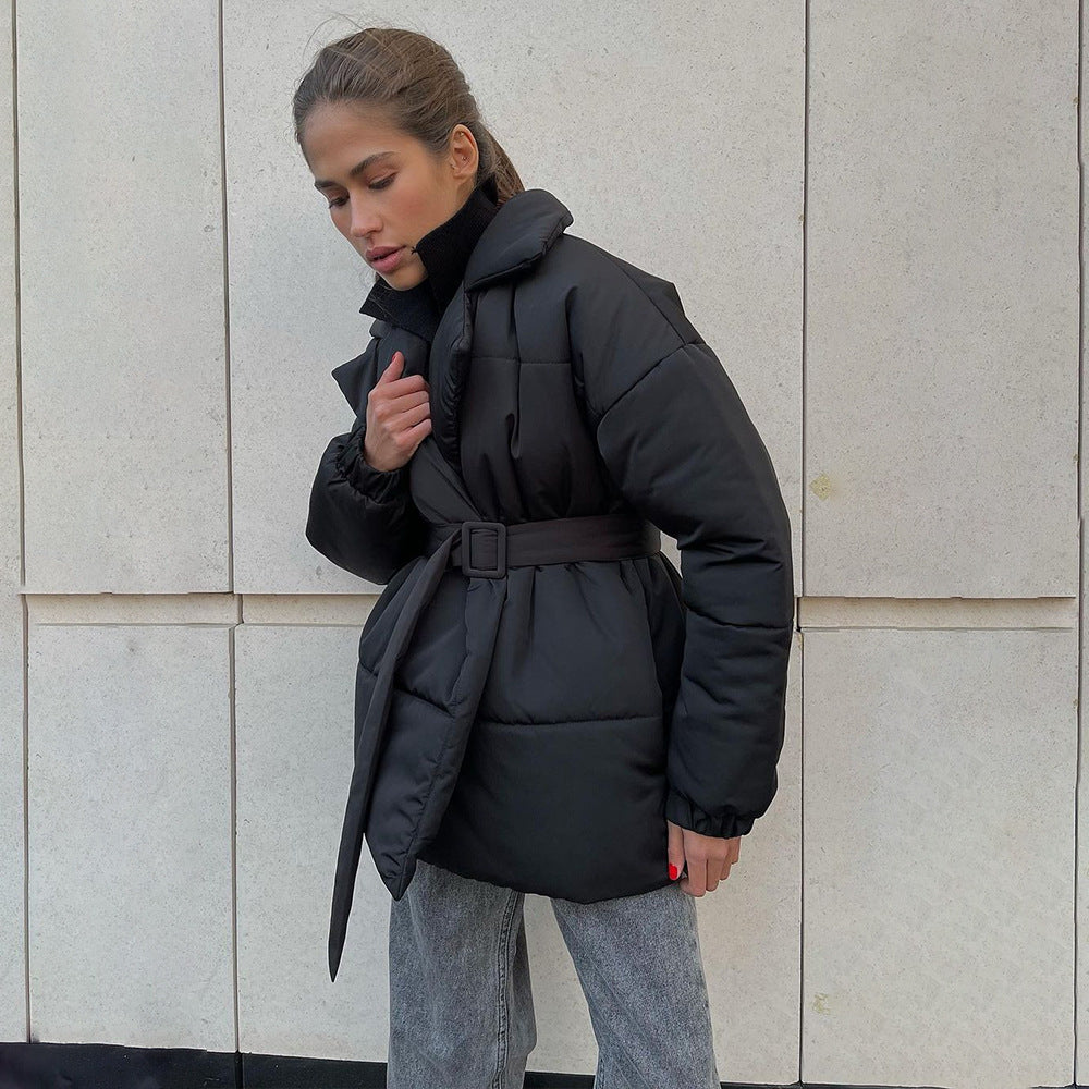 Lapel cotton clothes European and American winter new thickened and thin waist cotton clothes solid color belt cotton clothes jackets