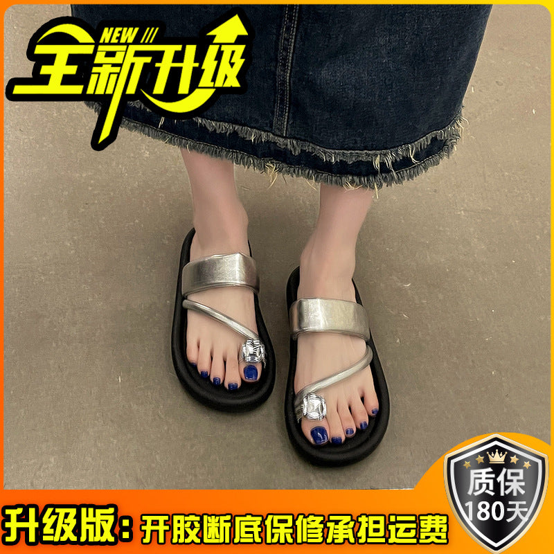 Fashion tribe Internet celebrity rhinestone cool slippers women's summer wear spring new one-word strap foot thick bottom drag